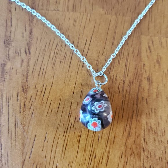 Glass Pendant Necklace, Millefiori Pendant, 22" Silver Tone Chain, Black Red - Picture 3 of 5